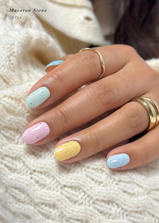 Semi Cured Gel Nail Strips (Macaron Stone), 20 Pcs Gel Nail Wraps, Stickers, UV Light Required, Salon Quality, Long Lasting