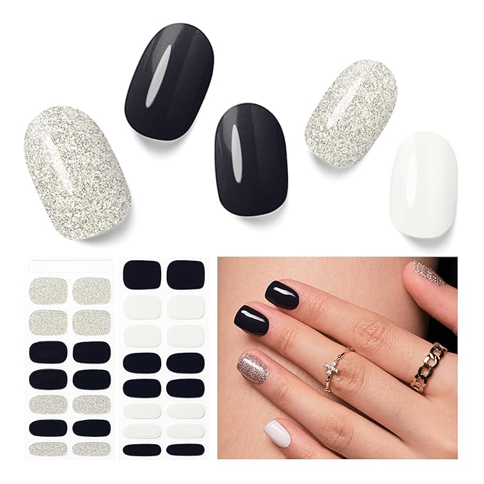Semi Cured Gel Nail Strips - 30PCS Long-Lasting Nail Wraps, Salon-Quality Semi Cured Stickers, 2 Weeks Wear, Easy DIY Manicure-Light Glimmer