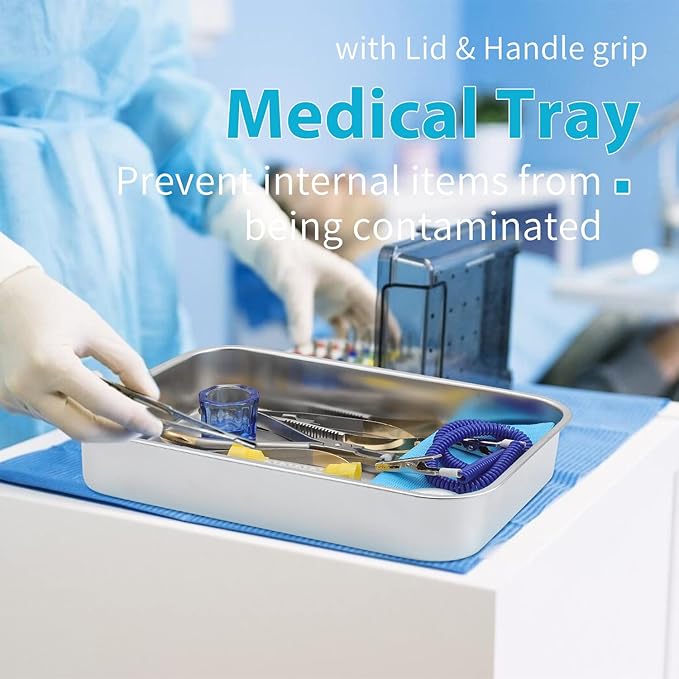 Medical Surgical Trays Stainless Steel Dental Instruments Tray Organizer Holder Sterilization Plate Trays Boxs with Lid & Handle Grip Large