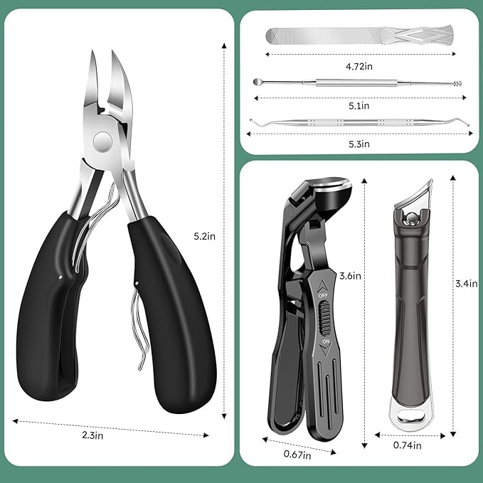 Toenail Clippers for Seniors Thick Toenails, CLPPNA Angled Head Large Toe Nail Clippers Set for Men, Heavy Duty 45° Ingrown Toenail Clippers, 37mm Wide Opening Nail Cutter with Long Handle, 6PCS