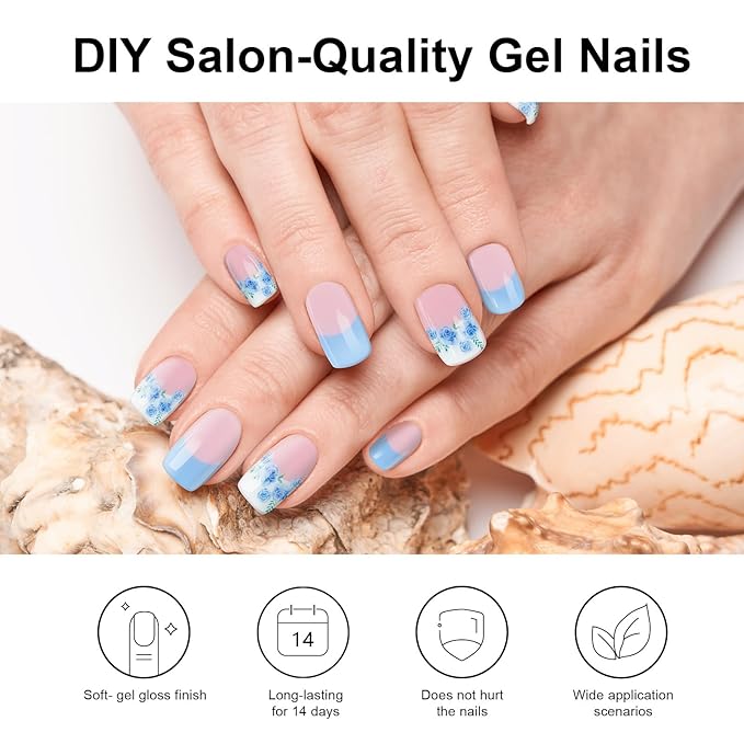 Semi Cured Gel Nail Strips, Blue Rose French | 28 pcs Chinese Style Gel Nail Strips Work with Any UV Lamp, Salon Quality New Chinese Nail Stickers, Include Prep Pads, Nail File&Wood Stick