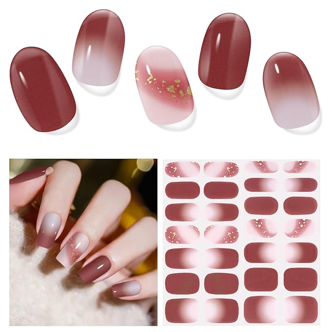 Semi Cured Gel Nail Strips,28 PCS Fall Nail Art Stickers for Holiday (Brick Red),Gel Stickers for Nails UV Light,Nail Polish Strips Includes Prep Pads, Nail File & Wood Stick