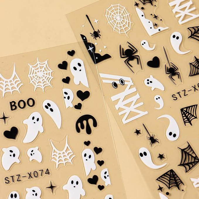 Halloween Nail Art Stickers Halloween Ghost Spider Web Nail Decals 6PCS Cute Ghost Love Heart Spider Web Boo Spider Blood Drip Self-Adhesive Nail Art Supplies Manicure Stickers for Holiday Nail Design