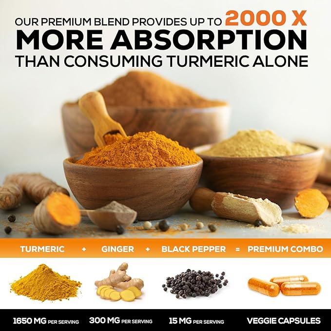 Turmeric Curcumin Supplement 1950mg - 95% Curcuminoids with Organic Turmeric & Ginger, BioPerine Black Pepper for Best Absorption, Nature's Vegan Joint Support, Non-GMO, Bottled in USA - 120 Capsules
