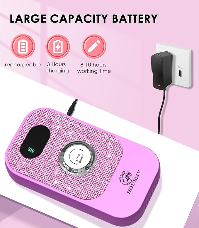 Portable Nail Drill Electric File: Professional Nail E File Machine 40000RPM for Acrylic Nails Remove Nail Gel Polish Manicure, Rechargeable Cordless Diamond Nail Drill with Bits & Base for Salon Home