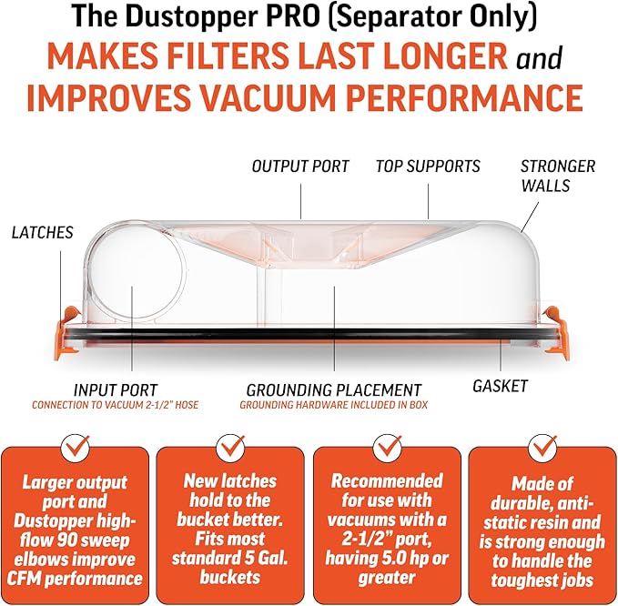 PRO Low-profile Dust Separator – Dust Collection Separator, Up to 99.9% Efficiency, Vacuum Accessories for Wet/Dry Vac System, Fits 2-½” Nominal Fittings, Elbows and Hose Sold Separately