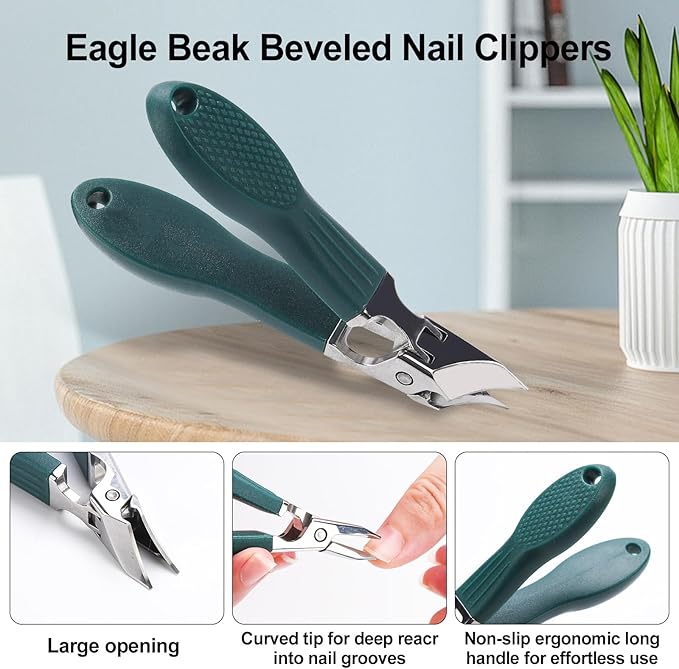 Eagle Beak Nail Clippers for Ingrown & Thick Nails – Beveled/Slanted/Angled Blades, Long Handle Wide Jaw, Anti-Splash Ultra Sharp Stainless Steel Edge 3-Piece Set for Men/Women (Green)