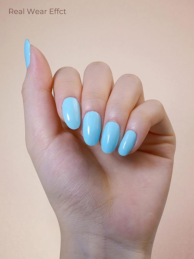 Pre Cured Gel Nail Strips - 44PCS Salon Quality Gel Nail Stickers - Long Lasting Polish Wraps for Women no UV Light Needed Easy Apply& Remove (Icy Blue)