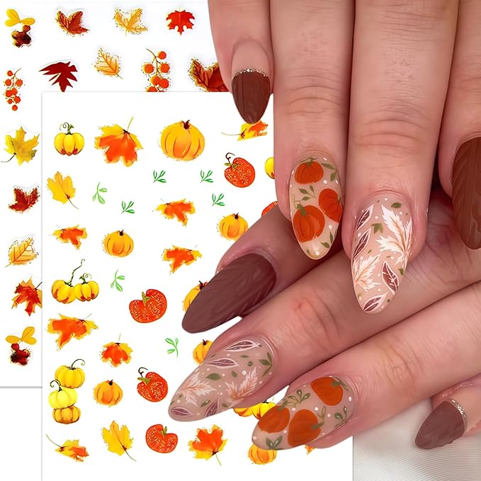 8 Sheets Autumn Maple Leaves Nail Stickers Glitter Pumpkin Nail Decals 3D Self-Adhesive Maple Leaf Nail Art Supplies Fall Ginkgo Leaf Stickers for Nails Thanksgiving Day Women DIY Manicure Decoration