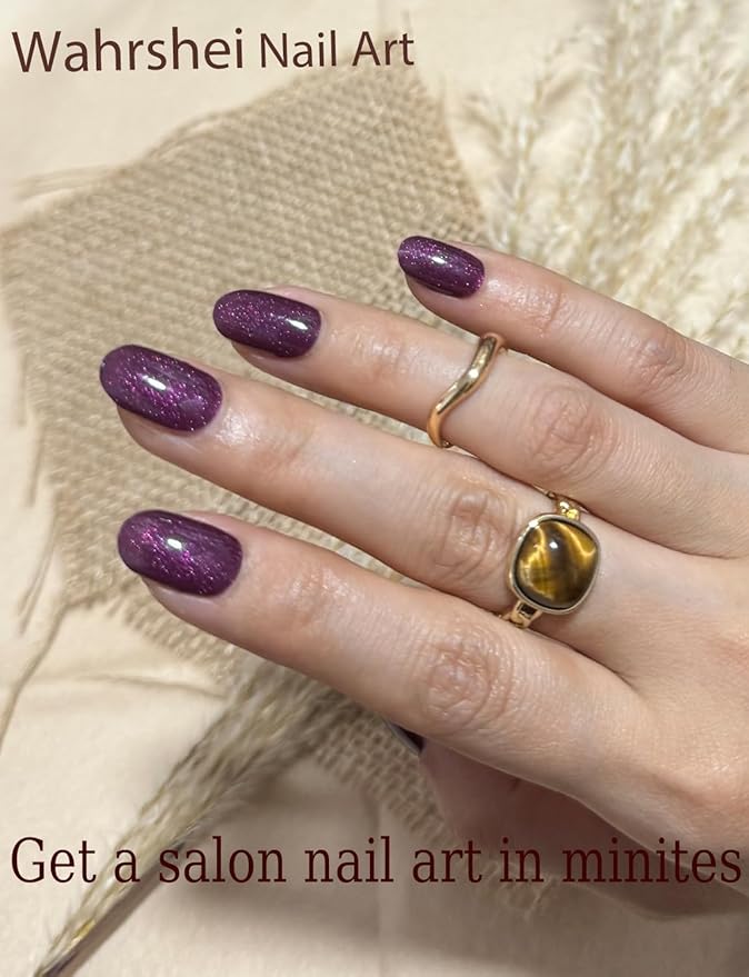 Semi Cured Gel Nail Strips, 20pcs Dark Plum, Cat Eye Stick on Gel Nails for Home Nails DIY