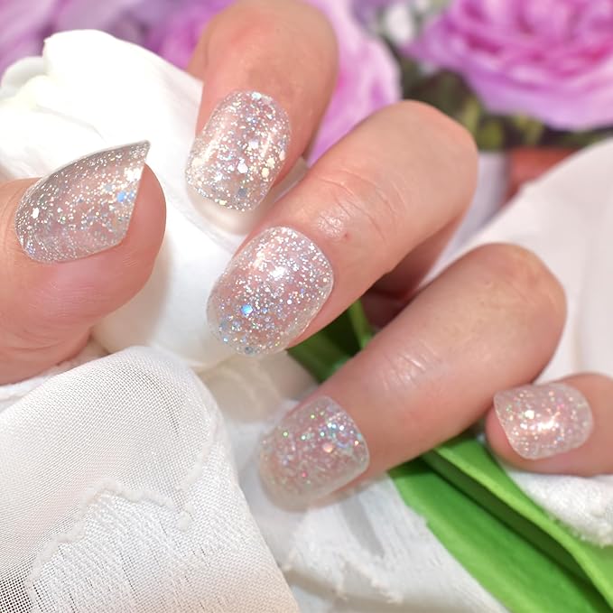 Semi Cured Gel Nail Strips Salon-Quality, Long Lasting Adhere Nail Art Stickers Decals (Glitter Sequins)
