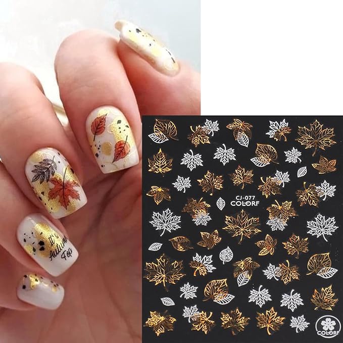 9 Sheets Fall Nail Stickers for Nail Art Maple Leaf Nail Decals Flower Tree Maple Leaves Design Decals D Self-Adhesive Glitter Gold Nail Sticker Thanksgiving Day Nail Art Stickers for Nails Tips