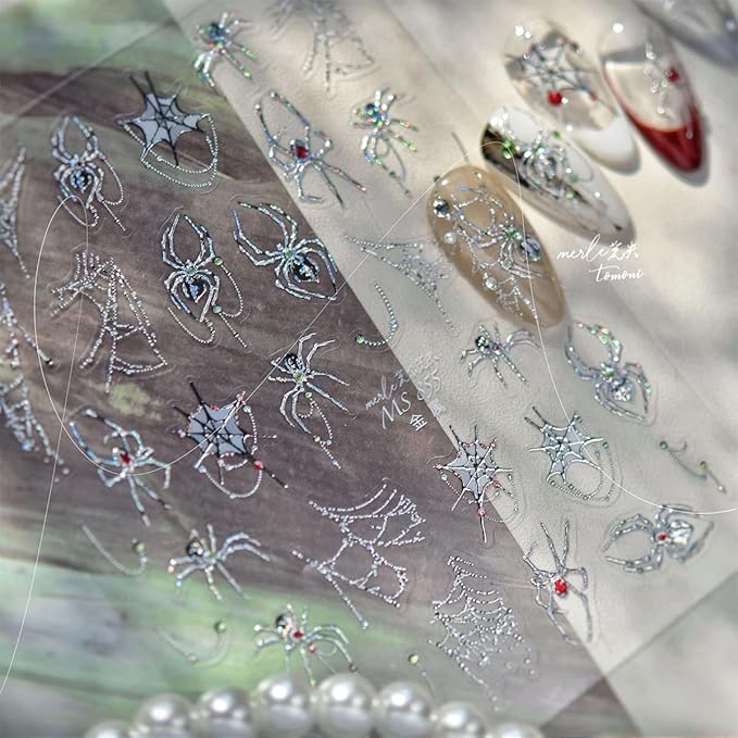 1 Sheets Halloween Nail Stickers for Nail Art Metal Spider Nail Art Stickers Silver Spiders Web with Rhinestones Design Horror Gothic Nail Decals Manicure Decoration for Women Acrylic Nail Supplies
