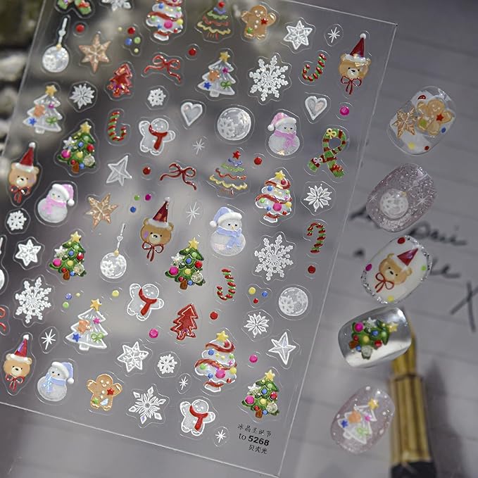 Christmas Nail Art Stickers Xmas Tree Snowman Self-Adhesive Xmas Nail Decals Nail Art Supplies 1PCS Shell Light Lantern Ball Star Gingerbread Man 5D Embossed Christmas Stickers for Nails Decoration