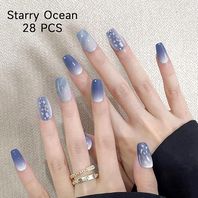 Semi Cured Gel Nail Strips, 28 pcs Gel Nails Stickers for Women Work with Any UV Lamp, Long Lasting UV Gel Nail Strips for Home DIY Nails Art (Starry Ocean)