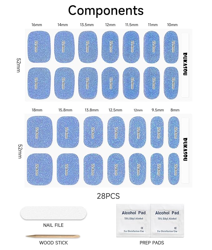 Semi Cured Gel Nail Strips (Glitter Mermaid Blue), 28 pcs UV Gel Nail Stickers for Women Work with Any UV Lamps, Salon Quality Nails Wraps for Home DIY Nails Art