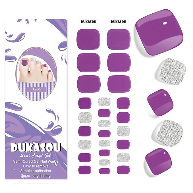 Semi Cured Gel Toe Nail Strips,26 Pcs Toes Nail Stickers Wraps(Purple),UV Light Required,Easy to Apply