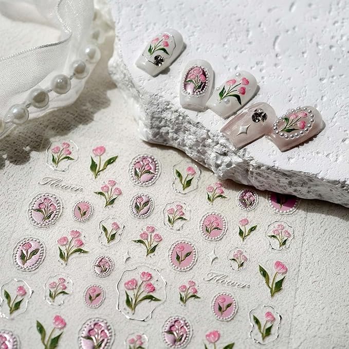1Pcs Tulip Nail Art Stickers 5D Embossed Flower Nails Decals Silver Hot Stamping Irregular Geometric Frames Design Pink Flower Nail Stickers Self Adhesive Floral Nails Supplies for Women Manicure