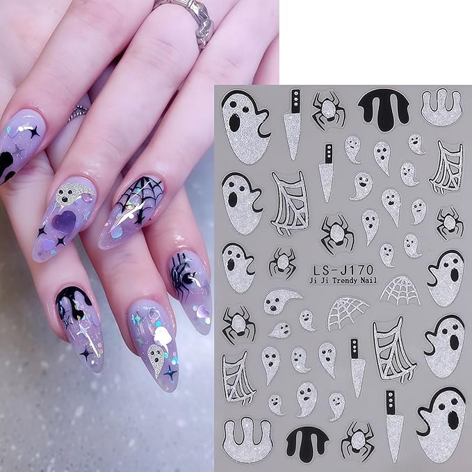 Halloween Nail Art Stickers Spider Web Nail Decals 2 Sheets 3D Self-Adhesive Glitter Spider Ghost Blood Nail Decals Day of Death Nails Stickers Holiday DIY Manicure Decoration Sticker for Women