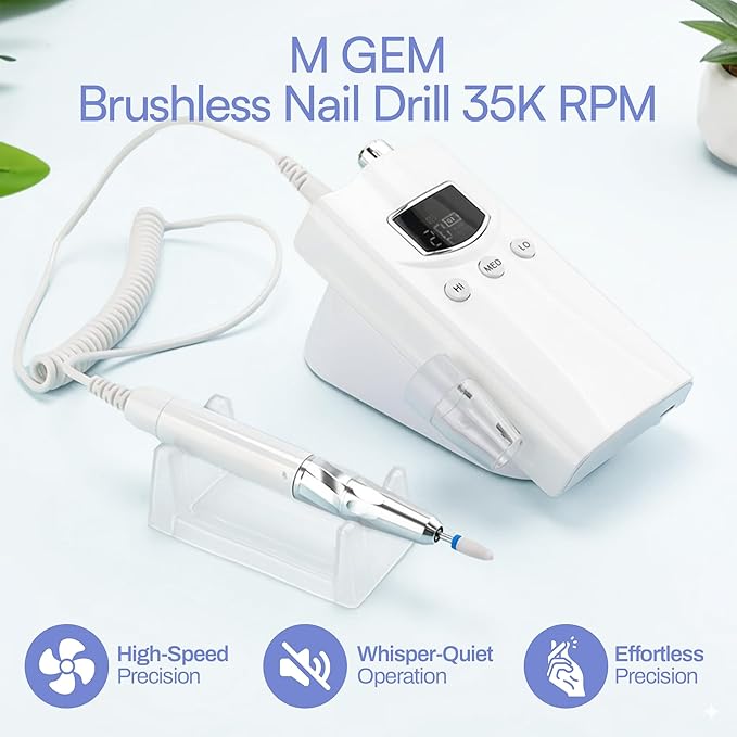 M GEM Brushless Nail Drill 35K RPM | Professional Cordless Efile Machine | Rechargeable Electric Nail File with Bits | Portable Quiet Low Vibration Tool for Acrylic, Gel, Natural Nails (Pink)