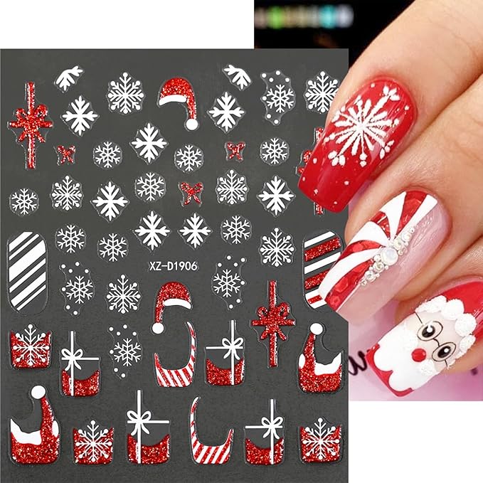 Christmas Nail Stickers - 10 Sheets 3D Nail Art Decals with Christmas Hat Snowflake Elk Red French Glitter Nail Decals Stickers - DIY Manicure Supplies for Women