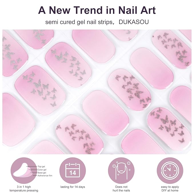 Semi Cured Gel Nail Strips，28 Pcs Gel Nail Stickers/Wraps (Butterfly),Long Lasting Stickers UV Lamp Required,Easy to Apply