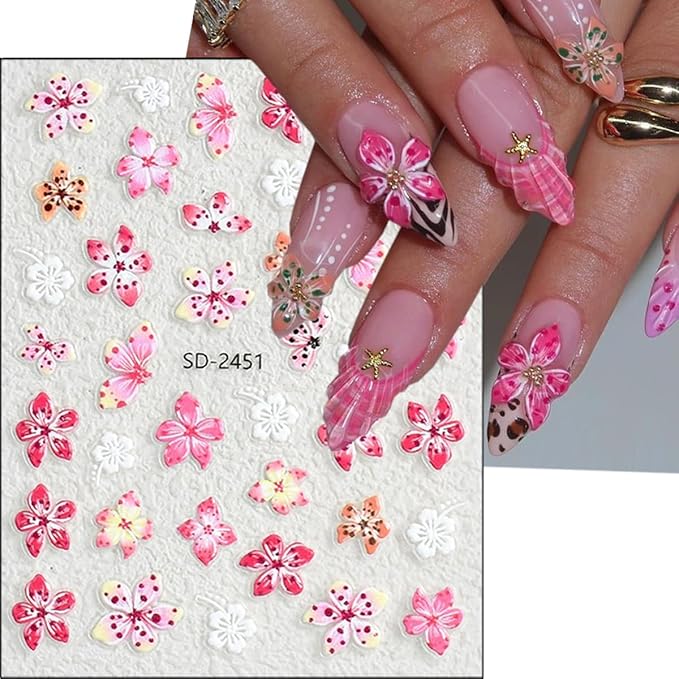 Summer Flower Nail Art Stickers Decals 5D Micro Embossed Hawaiian Flowers Nail Decals Tropical Ocean Starfish Summer Nail Stickers Lily Hibiscus Design Floral Nail Supplies for Acrylic Manicure 3Pcs
