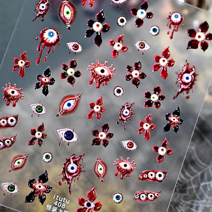1 Sheets Halloween Nail Stickers for Nail Art 5D Embossed Nail Art Stickers Horror Blood Eye Flower Design Sticker Gothic Nail Decals Nail Art Supplies for Women Acrylic Nail Decorations