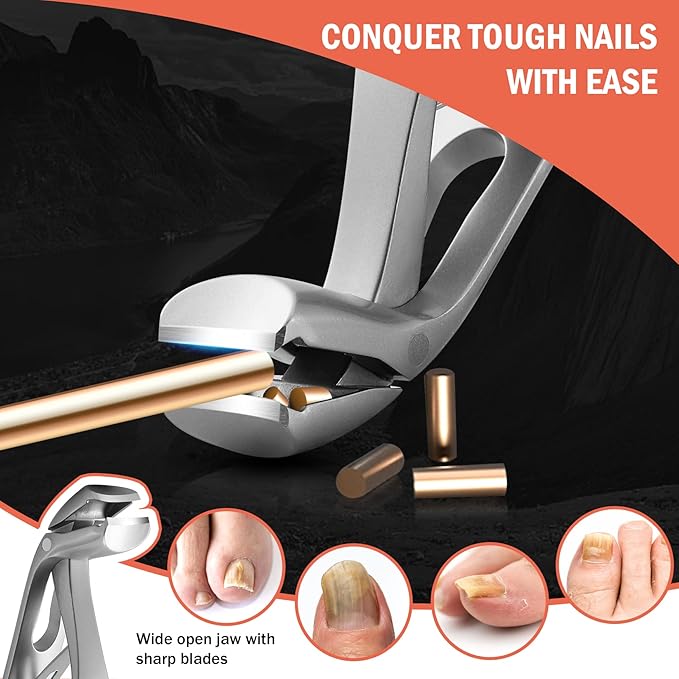 BEZOX Angled Head Nail Clippers for Seniors - Ergonomic Toenail Clipper for Thick Nails, Premium Steel Nail Cutter Trimmer with Catcher for Men and Women - Silver