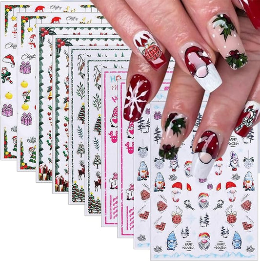 10 Sheets Christmas Nail Stickers Decals Winter Snowflake Nail Art Stickers Self-Adhesive 3D Santa Claus Snowmen Nail Decorations Cute Elk Nails Supplies for Women Acrylic Nails Accessories Kit