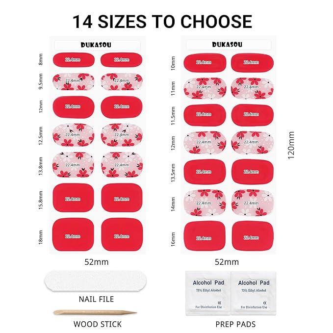 Semi Cured Gel Nail Strips, Red | 28 pcs Gel Nail Strips Work with Any UV Lamp, Salon Quality UV Nails Stickers, Easy to Apply for Home Nails DIY