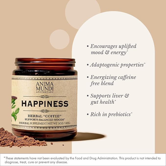 Anima Mundi Apothecary Herbal Coffee Substitute with Chicory Root & Ashwagandha Powder - Happiness Tonic "Coffee" Powder - Adaptogenic, Caffeine Free - Maca, St. John's Wort & More (5oz / 141g)