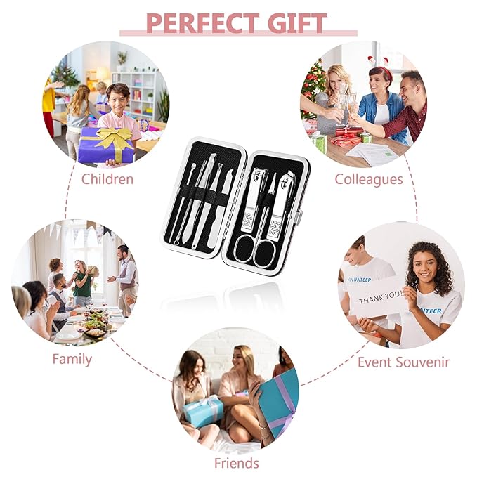 Geosar 12 Sets Manicure Set Nail Clippers Pedicure Kit 8 in 1 Grooming Stainless Steel Kits Nail Care Tools with Travel Case Xmas Gifts Christmas Stocking Stuffers for Men Women(Glitter Pink)