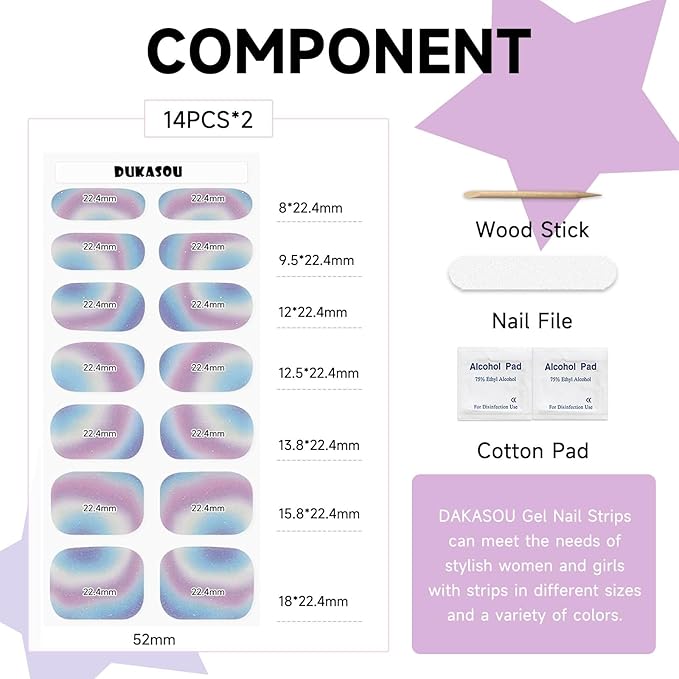 Semi Cured Gel Nail Strips (Multicolor), 28pcs Gel Nail Stickers, Work with Any UV Lamps, Long-Lasting NailWraps for Women Gifts, Easy to Apply & Remove, Includes Prep Pads & Wooden Stick