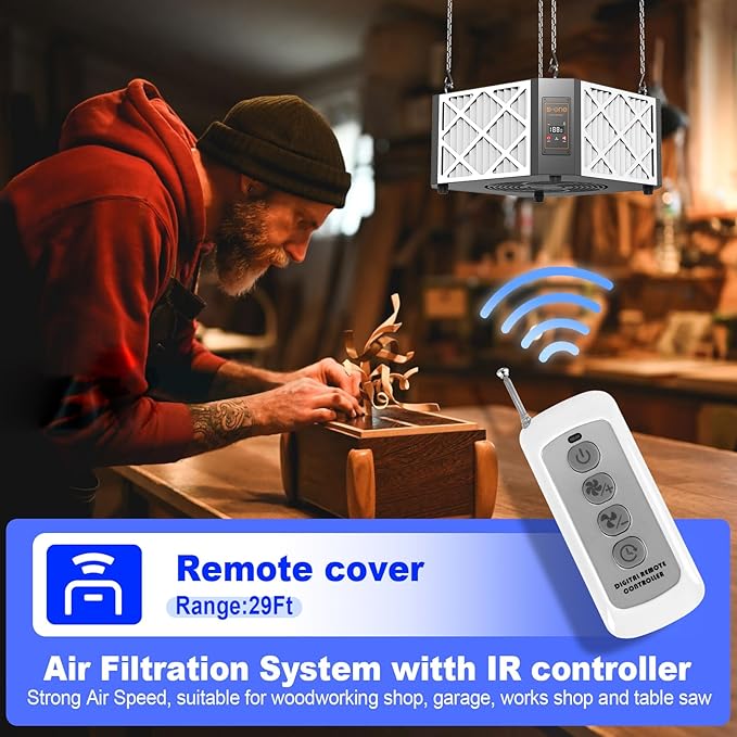 Air Filtration System, 360 Degree 2-Speed(1050/1400 CFM) Hanging Ceiling Dust Collectors for Woodworking, Remote Controlled Dust Collection Systems, 2 Stage Filtration, for Shop Garage