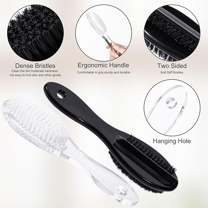 Nail Brush for Cleaning Fingernails 2 PCS, Long Handle Grip Double Sided Nail Foot Scrub Brush Fingernail Cleaner, Soft Stiff Bristles Pedicure Nail Scrubber Non-Slip for Men Women Black White