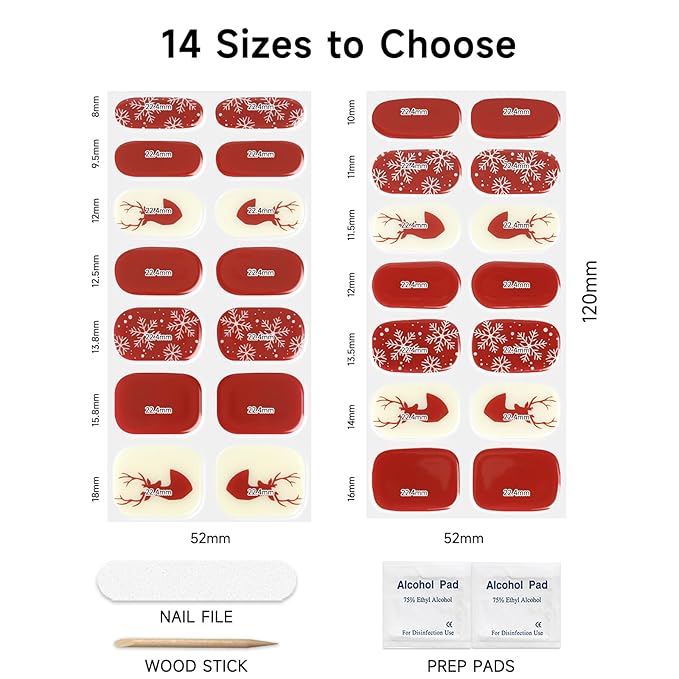 Christmas Semi Cured Gel Nail Strips, Elk | 28 pcs Gel Nail Strips Work with Any UV Lamp, Salon Quality UV Nails Stickers, Easy to Apply for Home Nails DIY
