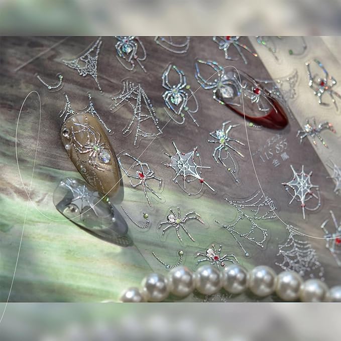 1 Sheets Halloween Nail Stickers for Nail Art 5D Gothic Spider Nail Art Stickers Decals Goth Metal Spider Web Nails Accessories Self-Adhesive Horror Halloween Nails Supplies for Women Nails Decor