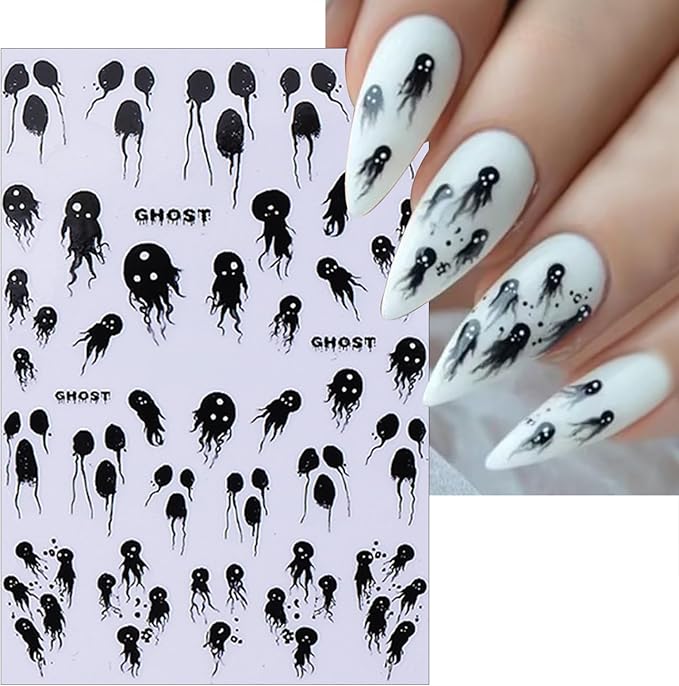 8 Sheets Halloween Nail Art Stickers 3D Self Adhesive French Pink Flame Nail Stickers Pink Pumpkin Heart Spider Web Green Ghost Eye Nail Decals for Women Girls Scary Halloween Manicure Decoration