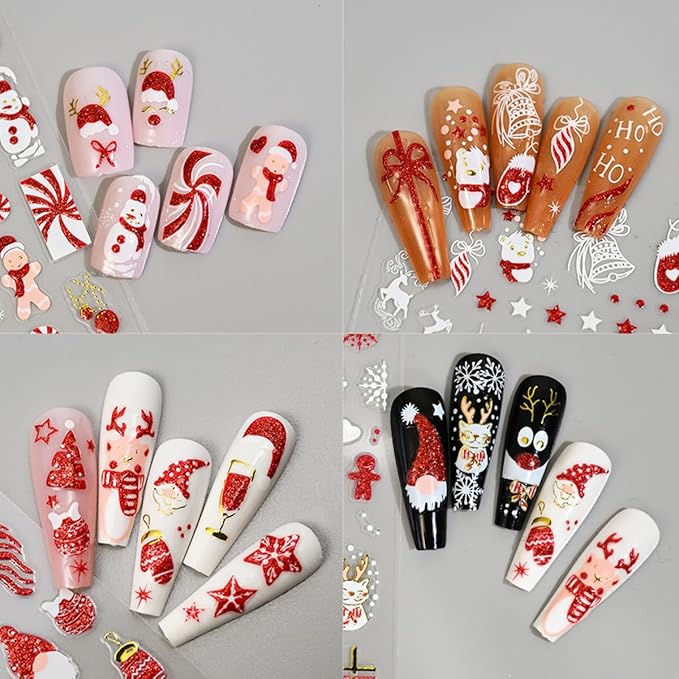 Christmas Nail Stickers - 10 Sheets 3D Nail Art Decals with Christmas Hat Snowflake Elk Red French Glitter Nail Decals Stickers - DIY Manicure Supplies for Women