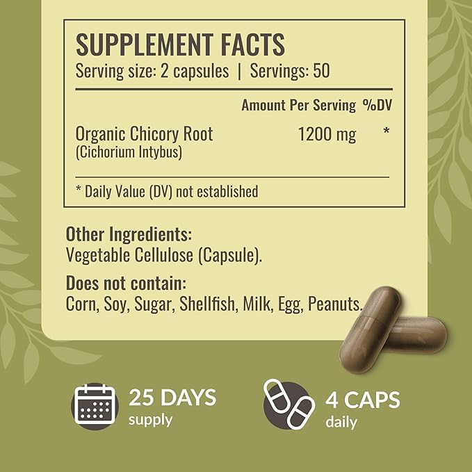 HERBAMAMA Chicory Root Fiber Capsules - 1200mg Chicory Root Powder for Gut Cleanse & Digestive Support - Vegan, Non-GMO Inulin Prebiotic Fiber Supplement