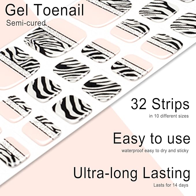 Semi Cured Gel Toenail Strips, 32 Zebra Pink Gel Toenail Stickers - Works with Any UV Lamps Pedicure Strips Full Nail Wraps with Nail File & Wood Stick