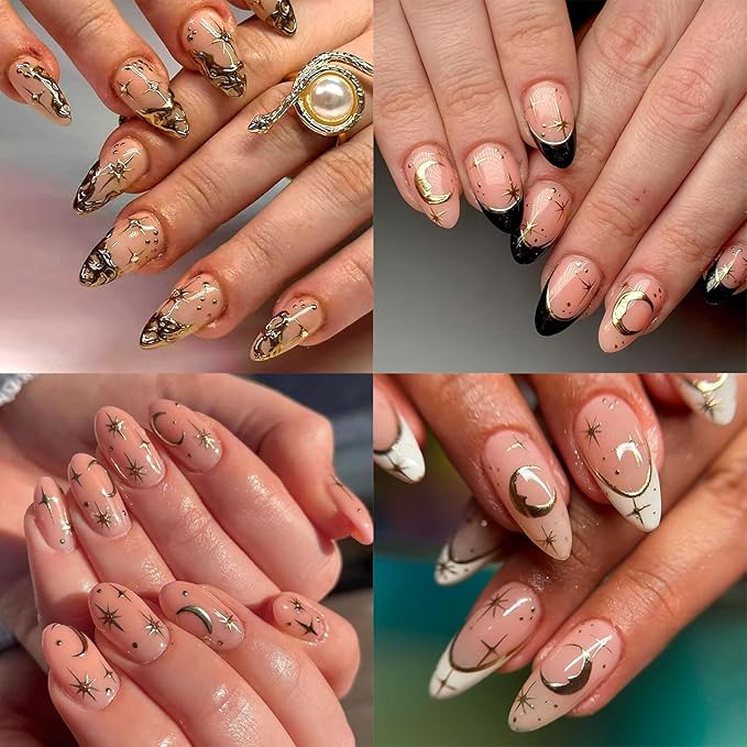 12 Sheets Star Nail Art Stickers Gold Nail Stickers for Nail Art 3D Self-Adhesive Heart Flower Nail Decals Gold Nail Supplies Design Manicure Supplies for Women