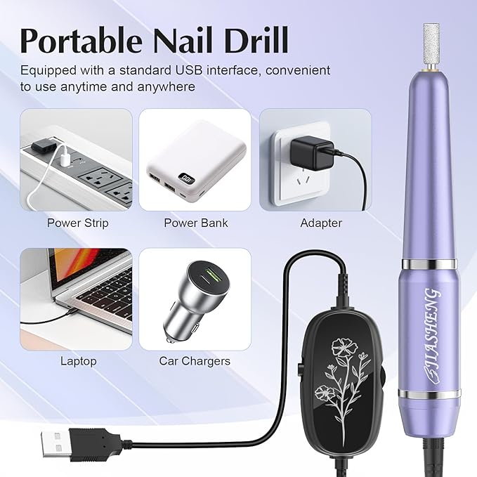 JIASHENG USB Electric Nail Drill, Portable Electric Nail File for Acrylic Gel Nails, Professional Drill Nail Kit Manicure and Pedicure Kit with Drill Bits for Home and Salon Use, Lilac