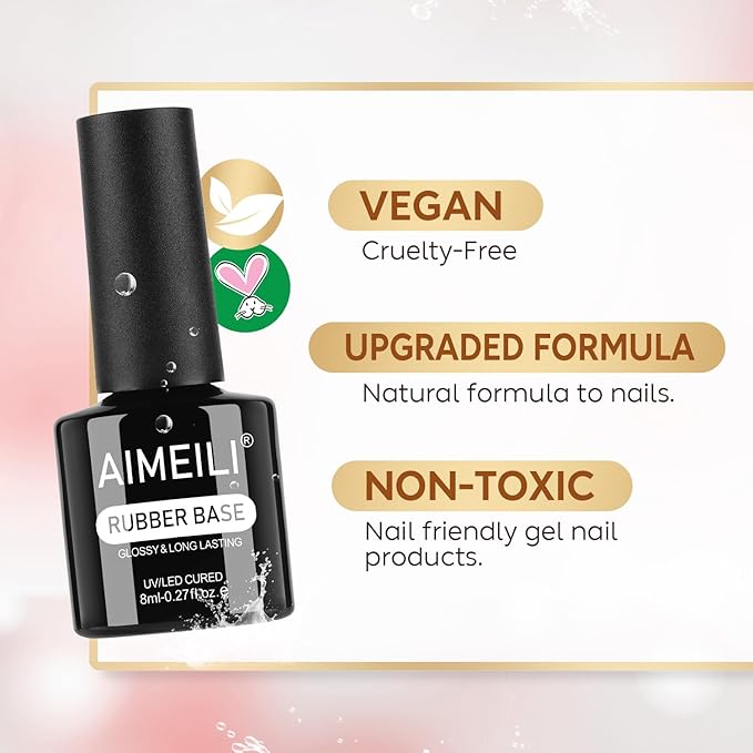 AIMEILI Rubber Base Gel Nail Polish, Hema Free, Cruelty Free, Vegan, Clear Builder Nail Gel Base Coat Soak Off Nail Art Design 8ml