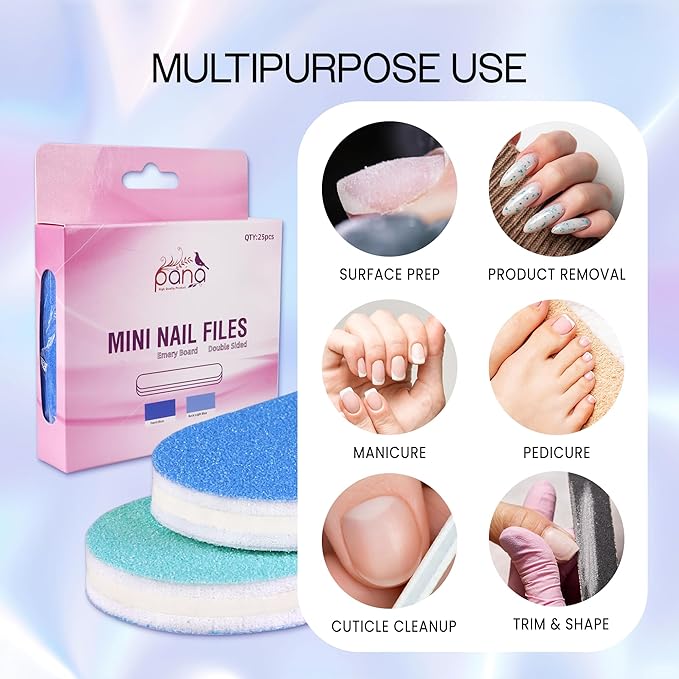 25PCS Mini Size PANA Professional Double Sided Nail Files - Blue, 100/100 Grit - Emery Board Nail Buffering File Manicure Pedicure Nail Polisher Washable