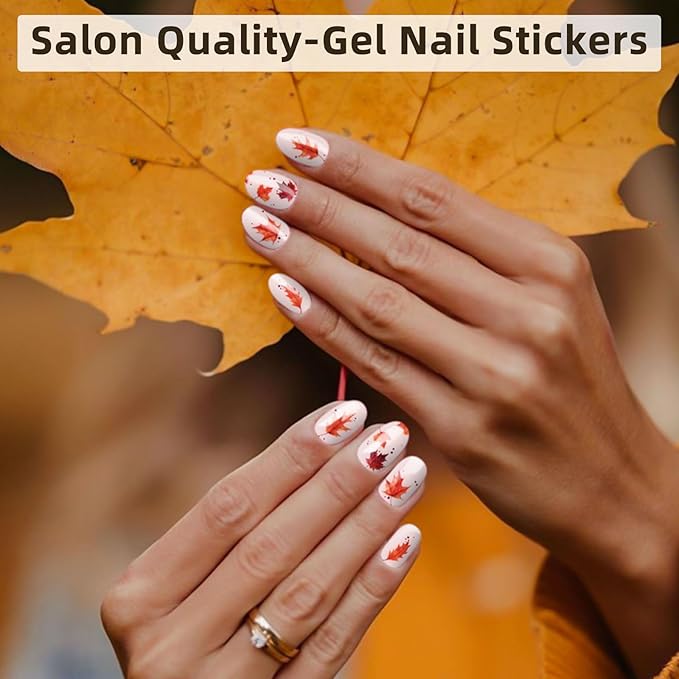 Semi Cured Gel Nail Strips, 28 pcs Nail Polish Strips Autumn Work with Any UV Lamps, Fall Nail Wraps for Women, Salon-Quality Gel Nail Polish Stickers (Maple Leaf)