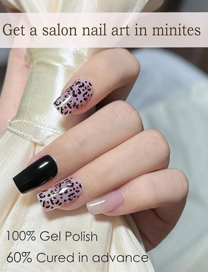 Semi Cured Gel Nail Wraps, 20pcs Nail Stickers UV - Pink Leopard