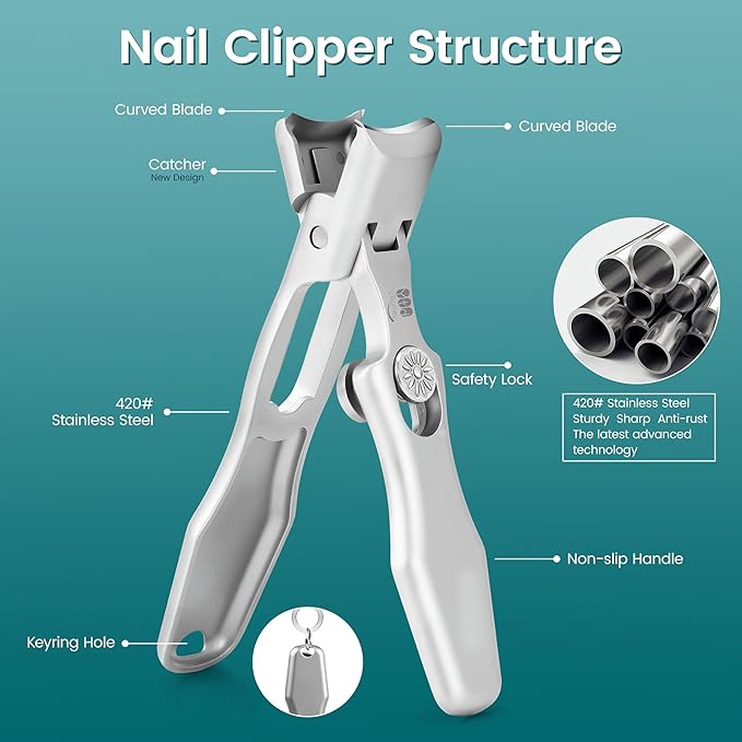 YTD Likomey Wide Jaw Opening Nail Clippers,Long Handled Safety Lock Toenail Clippers for Thick Nails,Ultra-Sharp Fingernail Clipper with Catcher,Nail Cutter with Nano Glass Nail File Set for Seniors