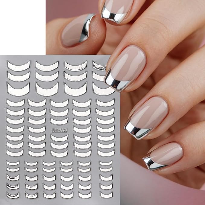 8 Sheets Gold Silver French Stripe Line Nail Stickers, 3D Self-Adhesive Decals with Gold Silver Geometric Waved Curve Lines Design for Elegant French Tips and DIY Manicure Decoration